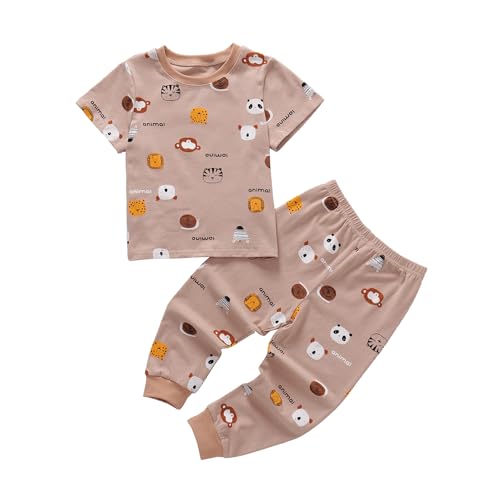 Ukyzddio Kids Cotton Pajamas Sets Cartoon Animals Pjs Jammies Short Sleeve Top with Long John Toddler Snug Fit 2 Piece Sleepwear Brown Size 8T