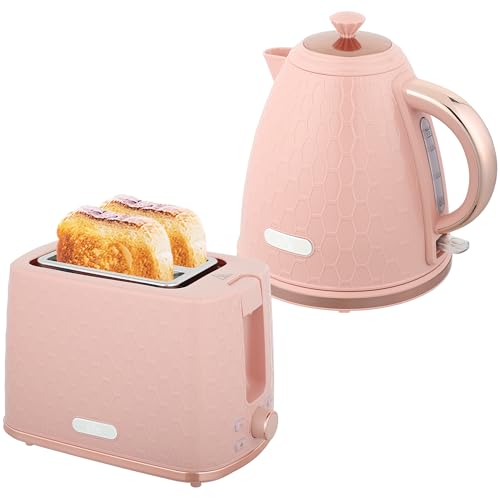 HOMCOM Wasserkocher- und Toaster-Set, 1,7L 2200W Schnellkoch-Wasserkocher mit automatischer Abschaltung, 2-Scheiben-Toaster mit 7 Bräunungsstufen, Krümelschublade und Thermostat, Rosa