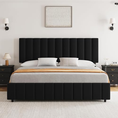 GAOMON Queen Size Bed Frame with 4 Storage Drawers and Adjustable Upholstered Headboard, Wooden Slats Support, No Box Spring Needed, Easy Assembly, Bl