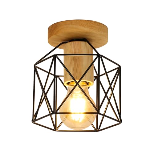 Goeco Deckenleuchte Industrial, Vintage Deckenlampe in Form Eines Sechseckigen Käfigs mit Holzsockel, E27-Fassung, Retro Pendelleuchte Lampenschirm für Flur, Balkon und Speisesaal, 14 CM