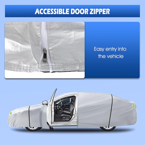 Image of 6 Layers Car Cover Waterproof All Weather for Automobiles, Size A3 with Zipper Cotton Fit for Toyota Camry, Honda Accord, Ford Mustang, Chevy Camaro /Malibu,Kia Optima(187-198 inch), Silver