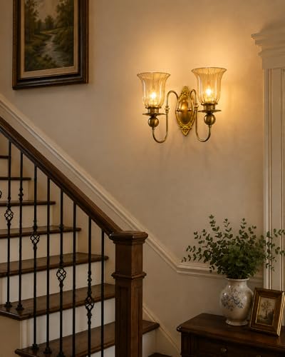Image of Italian Wall Light, Double Golden Glass Shade, European Antique Brass Finish Lamp for Bedroom, Living Room, Drawing Room, Lobby, Hall, Room Decortion, Cafe, Hotel with Filament Bulb, Gold