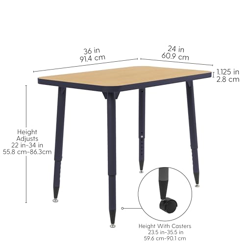 Image of Adapte Commercial Classroom Activity Table - 24 inch x 36 inch Rectangle, ADA Compliant Tapered Legs with Glides & Casters, Adjustable Height 22-34 inch Wheelchair Accessible, School & Office Furniture
