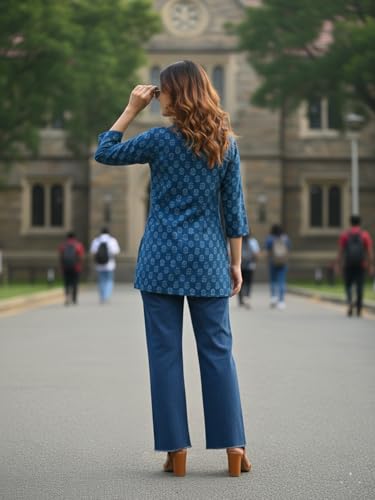 Image of Varanga Women Women's Blue Printed Tunic with 3 /4 Sleeves