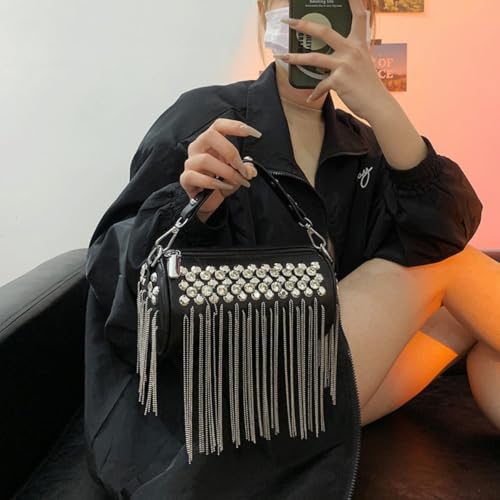 Y2K Purse Bling Cylinder Crossbody Bag with Tassel Purse, Sparkling PU Leather Rivets Handbag Y2K Cool Street Style Chain Handbag2