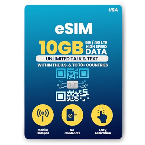 H2O Wireless 30-Day USA eSIM, Prepaid eSIM Card with 10GB High-Speed 4G LTE/5G Data & 5GB Mobile Hotspot, Unlimited Data, Talk & Text to 70+ Countries, US Mobile SIM Card for Cell Phones