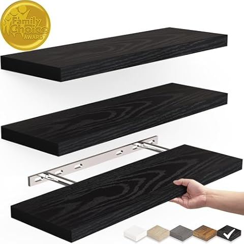BAYKA Floating Shelves for Wall, Wall Mounted Rustic Wood Shelves for Bathroom, Bedroom, Living Room, Kitchen, Hanging Shelf for Books/Storage/Room Decor with 22lbs Capacity (Black, Set of 3, 15.7in) Cover