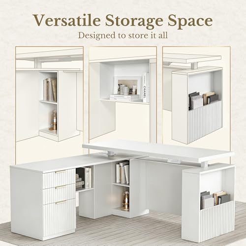 Image of 63 Inches L Shaped Electric Standing Desk, Height Adjustable Executive Desk with Drawers and File Cabinet, AC /USB, 1.18 inch Desktop and Privacy Panel for Home Office, White