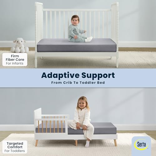 Image of Serta Perfect Start Breathable Limited Two -Stage Crib Mattress and Toddler Mattress - Breathable Cover and Fiber Core, Machine Washable Cover, Waterproof, 7 Year Warranty, Made in USA