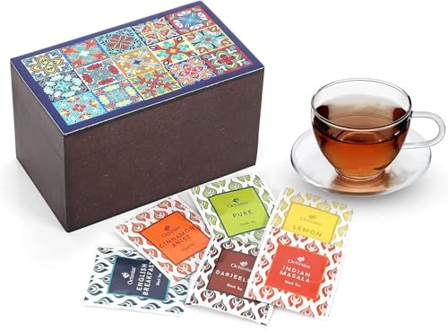 Octavius Tile Motif Wooden Tea Gift Box - 30 Assorted Tea Bags | Black & Green Sampler | Premium Assorted Tea Gift Set | Luxury Box for Gifting.