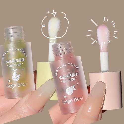 Image of Gege Bear Crystal Jelly Lip Oil : Fruity Lip Gloss for Luscious, Glossy Lips for Women, Clear Transparent Lip Oil with Fruity Essence (2-Pack, Peach+Avocado)