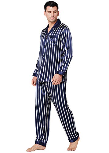 Mens Silk Satin Pajamas Set Sleepwear Loungewear Navy Blue XL