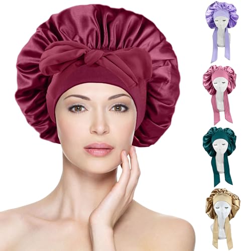 Tratamientos De Cabello, Home Gorro de Seda para Dormir, Para El Cabello Largo Bonnet Ajustable para Mujer,capó ajustable de satén,Capos grandes de seda satinada para dormir con correa...