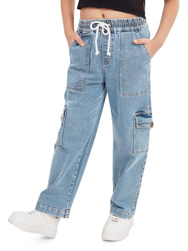 Image of olele Girls Super Jeans Collection for 4-14 Yrs | Stretchable Cotton Denim Trousers | Blue Jeans for Kids | Baggy Denim Pants | Cargo Pants for Girls