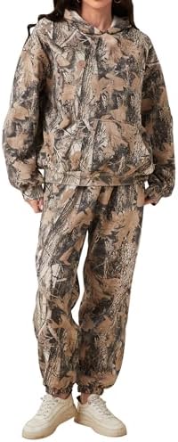 Camo Sweatsuits for Women Set 2 Piece Camo Hoodies Maple Leaf Print Oversized Sweatshirt Lounge Sets Fall Outfits