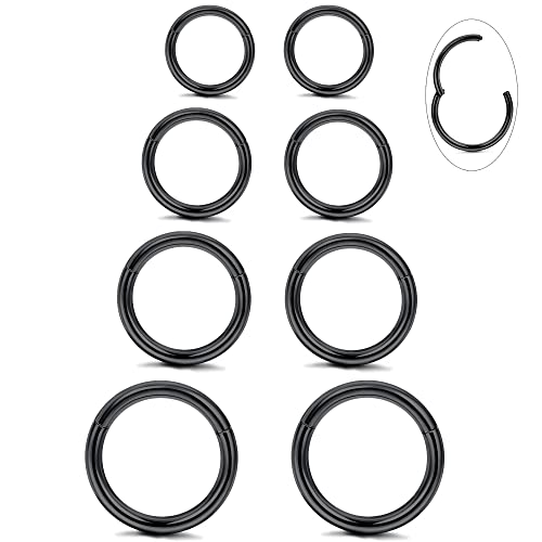 LOYALLOOK 8Pcs G23 Titanium Hinged Clicker Segment Nose Rings Hoop Septum Nose Lip Ring Hoop for Women Men Helix Cartilage Daith Tragus Sleeper Earrings Body Piercing Improved 16G Black Tone