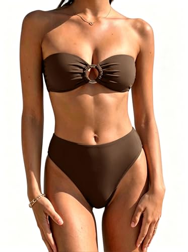 SUUKSESS Women Bandeau Strapless O Ring Bikini Sets Tie Back High Waisted 2 Piece Swimsuit Cheeky Removable Halter High Cut Bathing SuitsDeep Brown M