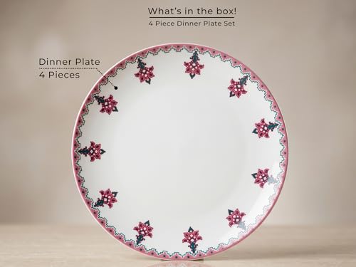 Image of Bodhi House Premium Porcelain Dinner Plates Set of 4 | Pink Blossom Design | Durable, Microwave & Dishwasher Safe | Dinnerware Plates for Everyday Use & Set for Home, Dining, Kitchen & Gifting