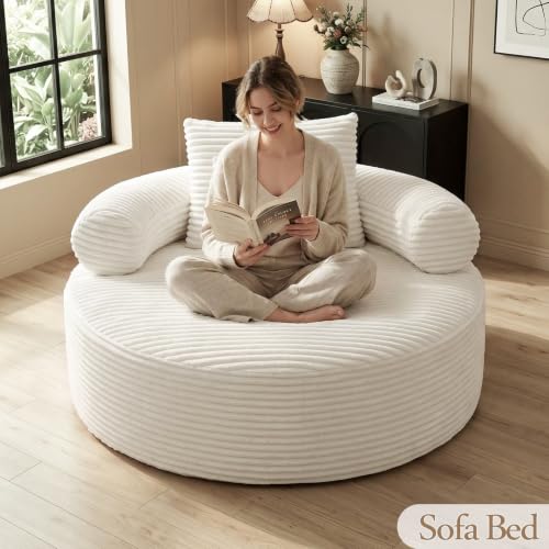 Image of Trustyue Boneless Couch,Comfy Fluffy Sofa Bed,Upholstered Sleeper Sofa with Cup Holder and Throw Pillows,Corduroy Plush Cloud Lounge Chair (White, Corduroy)