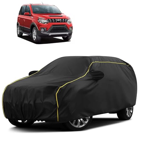 Image of Sulfar 100% Water Resistant Car Body Cover Compatible with Mirror for Mahindra Nuvosport (Triple Stitched, Full Bottom Elastic, Black Taffeta with Yellow Piping)