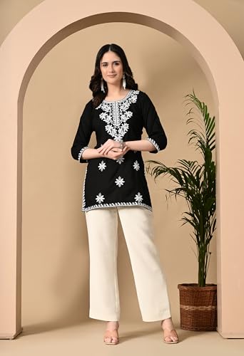 Image of LIBOZA Women's Chikankari Embroidered Short Kurti, Rayon Fabric, Three-Quarter Sleeves, Available in Pink, Black, Mustard Yellow, White, Pista and Green