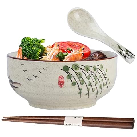 Ramen Schüssel,Japanische Schüssel Keramik,Ramen Bowl mit Löffel Essstäbchen,Ramenschale,Suppenschalen Porzellan Cover