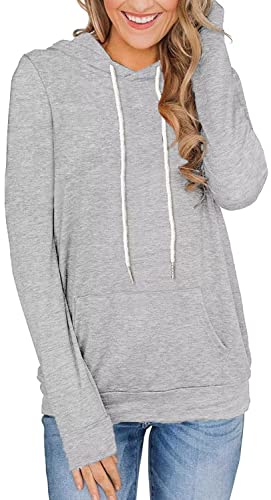 Feekeke Women Casual Long Sleeve Hooded Sweatshirt Hoodies Drawstring Shirts Fall Tops Pockets Grey Large #TOP1