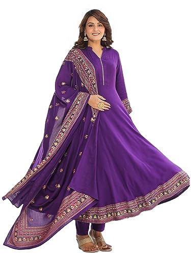 Kurta Anarkali en coton mélangé GoSriKi avec pantalon et dupatta assortis pour femme