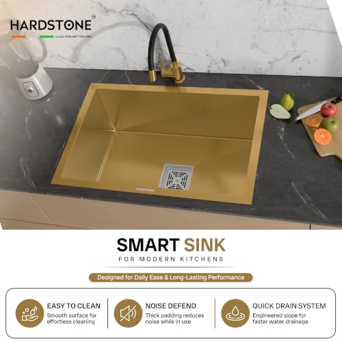 Image of HARDSTONE Premium Kitchen Sink | Single Bowl 24x18x9 Inch | Handmade Heavy Duty Stainless Steel Wash Basin with Matte Gold Finish | Includes Waste Hose Pipe, Coupling & Compact Drying Rack | Gold