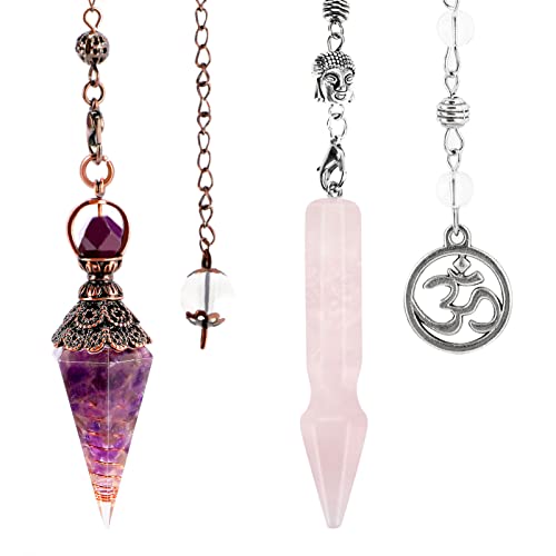 Ideashop Amethyst Healing Crystal Dowsing Pendulum and Natural Rose Quartz Healing Crystal Pendulum, Hexagonal Spritual Gemstone Crystals Point Pendulum for Divination Reiki Therapy Mother's Day Gift