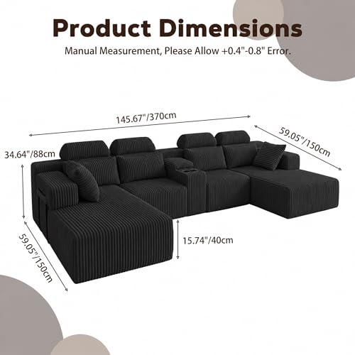 Image of 145 inch U Shaped Boneless Couches with Storage Console, Cup Holders, Chaise Lounge for Living Room, Modular Sectional Corduroy Comfy Cloud Memory Foam Deep Seat Oversized Boneless Sofa, Black