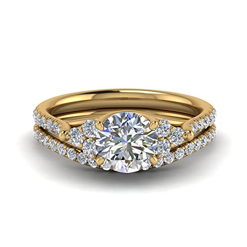 Image of Choose Your Gemstone Round Cut Petite Cathedral Wedding Ring Set Yellow Gold Plated Round Shape Wedding Ring Sets Matching Jewelry Wedding Jewelry Easy to Wear Gifts US Size 4 to 12