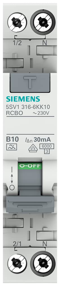 Siemens 5SV13166KK10 FI/LS kompakt RCBO 1P+N 6kA TypA 30mA B10 230V, Fehlerstrom- und Überlastschutz in 1TE (50% Platzersparnis)