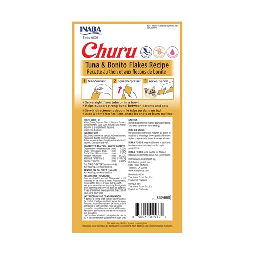 Image of INABA Churu Cat Treats, Grain-Free, Lickable, Squeezable Creamy Puree Cat Treat /Topper with Vitamin E & Taurine, 0.5 Ounces Each Tube, 24 Tubes (4 per Pack), Tuna with Bonito Flakes Recipe