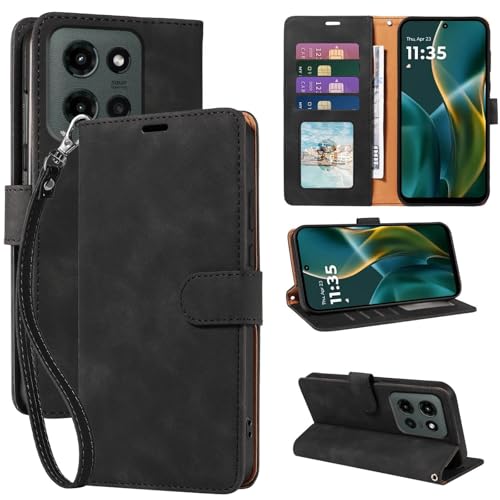 JHWVVTF for Moto G 2025 Case Wallet, [RFID Blocking 4 Card Slots] Soft PU Leather Phone Cover, Wrist Strap, Shockproof Protective, Stand Flip Cases Cover for Moto G 2025 (Black)