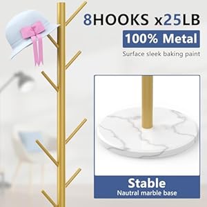 Heavy Duty Coat Rack with Natural Marble Base, Freestanding Metal Coat Stand with 8 Hooks, Modern Stable Coat Hanger Tree for Bags, Jacket, Clothes, and Hats, Gold Metal Heavy Duty Coat Rack with Natural Marble Base Freestanding Metal Coat Stand with 8 Hooks Modern Stable Coat Hanger Tree for Bags Jacket Clothes and Hats Gold Metal