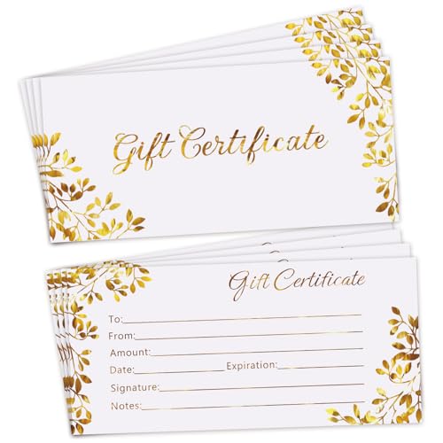 Tomioziey Blank Gift Certificates 50 Pcs Generic Certificate Cards Vouchers Gold Blank Cards Coupon Card for Business, Beauty Salon,Restaurant,Wedding Bridal,Birthday Holder,3.5 x 7.5 Inch