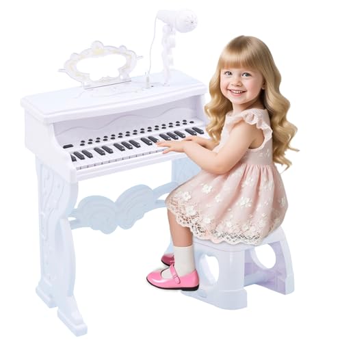 Teclado de piano para crianças, 37 teclas brinquedos de teclado de piano musical infantil portátil com microfone giratório de 360° e tamborete, brinquedo musical pedagógico com pernas removíveis para