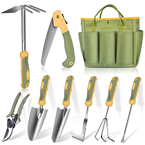 WisaKey Garden Tools Set, 9 Piece Stainless Steel Gardening Tools Set for Starter, Non-Slip Ergonomic Heavy Duty Gardening Kit with Durable Organizer Storage Bag, Gardening Tools - Gifts for Women Men