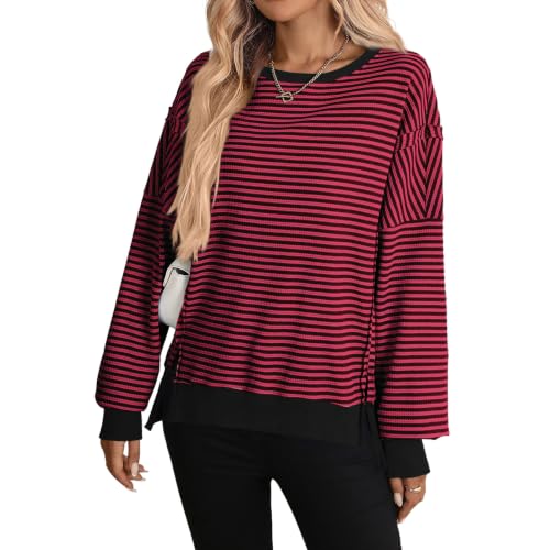 Striped Sweatshirt for Women Crewneck Long Sleeve Split Pullover Tunic Tops - image 2