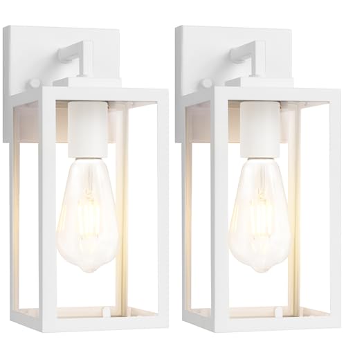 Image of Outdoor Wall Light Fixtures, White Outdoor Wall Lanterns for Porch, 2-Pack | Modern Front Door Lighting with Tempered Glass, Anti-Rust Waterproof Exterior Wall Sconce for House Garage Patio Entryway E26
