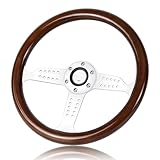 QYMOPAY 14 Inch Wooden Racing Steering Wheel, Universal 6 Hole Bolt Steering Wheel with Horn Buttons, Brown, Compatible with Passenger Car
