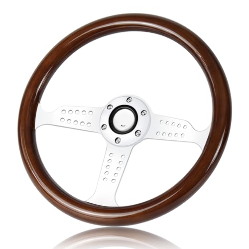 QYMOPAY 14 Inch Wooden Racing Steering Wheel, Universal 6 Hole Bolt Steering Wheel with Horn Buttons, Brown, Compatible with Passenger Car