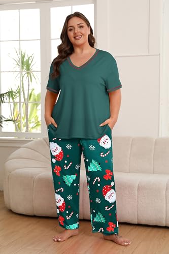 Image of Vozanet Women's Plus Size Pajama Sets Short Sleeve Long Pants Solid Color with Piping Trim Elegant Loungewear Cozy Sleepwear
