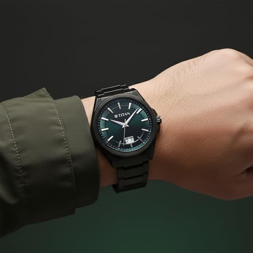 Image of Titan Classique Big Date Analog with Green Dial Dark Gun Stainless Steel Strap Watch for Men - 90219QM01