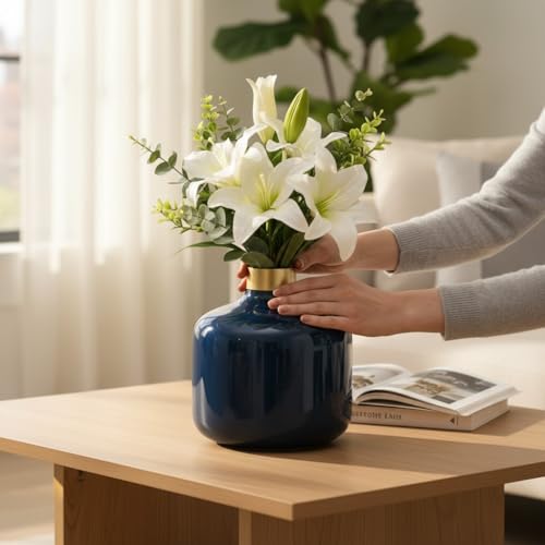 Image of Artful Living India - Round Metal Flower Vase | Round Vintage Vase for Living Room, Table, Office Decoration & Home Decor | Antique Decorative Metal Vase (Midnight Blue)