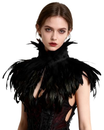 keland Gothic Capa de penas xaile poncho estuola pescoço gargantilha para mulheres homens Halloween cosplay disfarce (preto)
