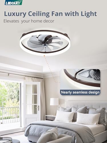 Image of LEDIARY Ceiling Fans with Lights, 23 inch Low Profile Flush Mount Ceiling Fan, Dimmable LED, APP & Remote Control, Quiet Reversible DC Motor, 6 Speeds, Fandelier for Bedroom, Brown