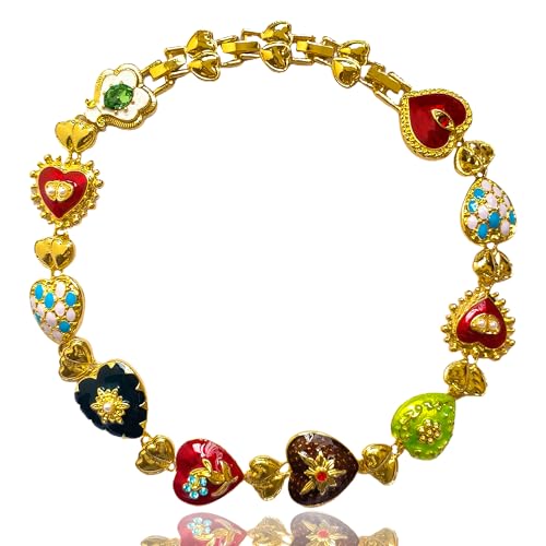 Maximalist Sacred Heart Charm Necklace for Women, Colorful Enamel Choker Collar, Halloween Costumes Jewelry Christmas Gifts, Chunky Funky Gold Renaissance Jewelry