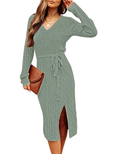 MEROKEETY Women's 2025 Fall Long Sleeve Bodycon Sweater Dress Winter V Neck Cable Knit Slit Midi Dresses, Sage, L